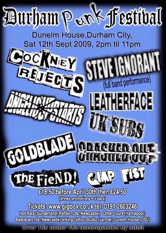 Steve Ignorant, The Business, Angelic Upstarts, and others at Durham Students' Union (DSU) in Durham, England — September 12, 2009 concert flyer