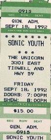 Sonic Youth, Pavement, Pain Teens at Unicorn — September 18, 1992 concert flyer