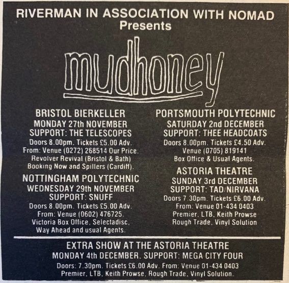 Mudhoney, The Telescopes at Bierkeller in Bristol, England — November 27, 1989 concert flyer