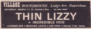 Thin Lizzy, Incredible Hog at Village Blues Club in Dagenham, England — March 17, 1973 concert flyer