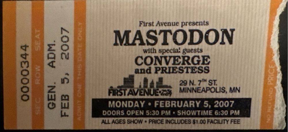 Mastodon, Priestess, Converge at First Avenue in Minneapolis, MN — February 5, 2007 concert flyer