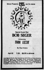 Thin Lizzy, Bachman-Turner Overdrive, Bob Seger at St. Paul Civic Center in St. Paul, MN — April 6, 1975 concert flyer