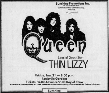 Thin Lizzy, Queen at Louisville Gardens in Louisville, KY — January 21, 1977 concert flyer Thin Lizzy, Queen at Louisville Gardens in Louisville, KY — January 21, 1977 concert flyer
