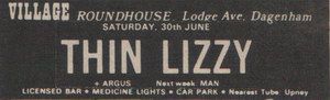 Thin Lizzy, Argus at Village Blues Club in Dagenham, England — June 30, 1973 concert flyer