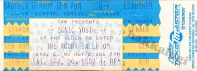 Sonic Youth, Pavement, Pain Teens at Agora Ballroom in Dallas, TX — September 19, 1992 concert flyer