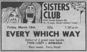Thin Lizzy at Sisters Club in London, England — March 19, 1971 concert flyer Thin Lizzy at Sisters Club in London, England — March 19, 1971 concert flyer