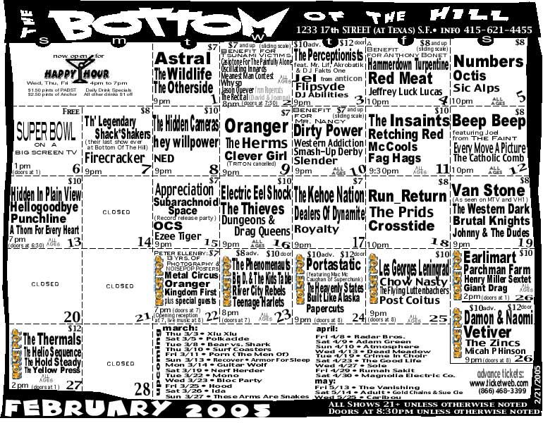 The Hold Steady, The Thermals, The Helio Sequence, and others at Bottom of the Hill in San Francisco, CA — February 27, 2005 concert flyer The Hold Steady, The Thermals, The Helio Sequence, and others at Bottom of the Hill in San Francisco, CA — February 27, 2005 concert flyer