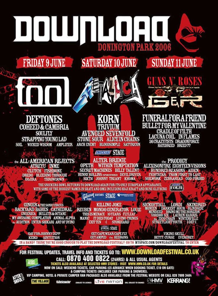 Coheed and Cambria, Tool, Guns N' Roses, and others at Donington Park in Derby, England — June 9, 2006 concert flyer