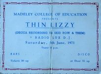 Thin Lizzy at Madeley College in Crewe, England — June 5, 1971 concert flyer Thin Lizzy at Madeley College in Crewe, England — June 5, 1971 concert flyer