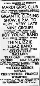 Thin Lizzy at Mardi Gras Club in Liverpool, England — June 3, 1972 concert flyer Thin Lizzy at Mardi Gras Club in Liverpool, England — June 3, 1972 concert flyer