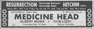 Thin Lizzy, Medicine Head at Hermitage Ballroom in Hitchin, United Kingdom — May 8, 1971 concert flyer Thin Lizzy, Medicine Head at Hermitage Ballroom in Hitchin, United Kingdom — May 8, 1971 concert flyer