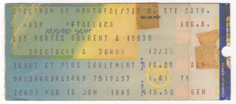 Metallica, W.A.S.P., Armored Saint at Spectrum in Montreal, Canada — January 15, 1985 concert flyer