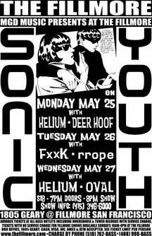 Sonic Youth, Helium, Deerhoof at Fillmore in San Francisco, CA — May 25, 1998 concert flyer