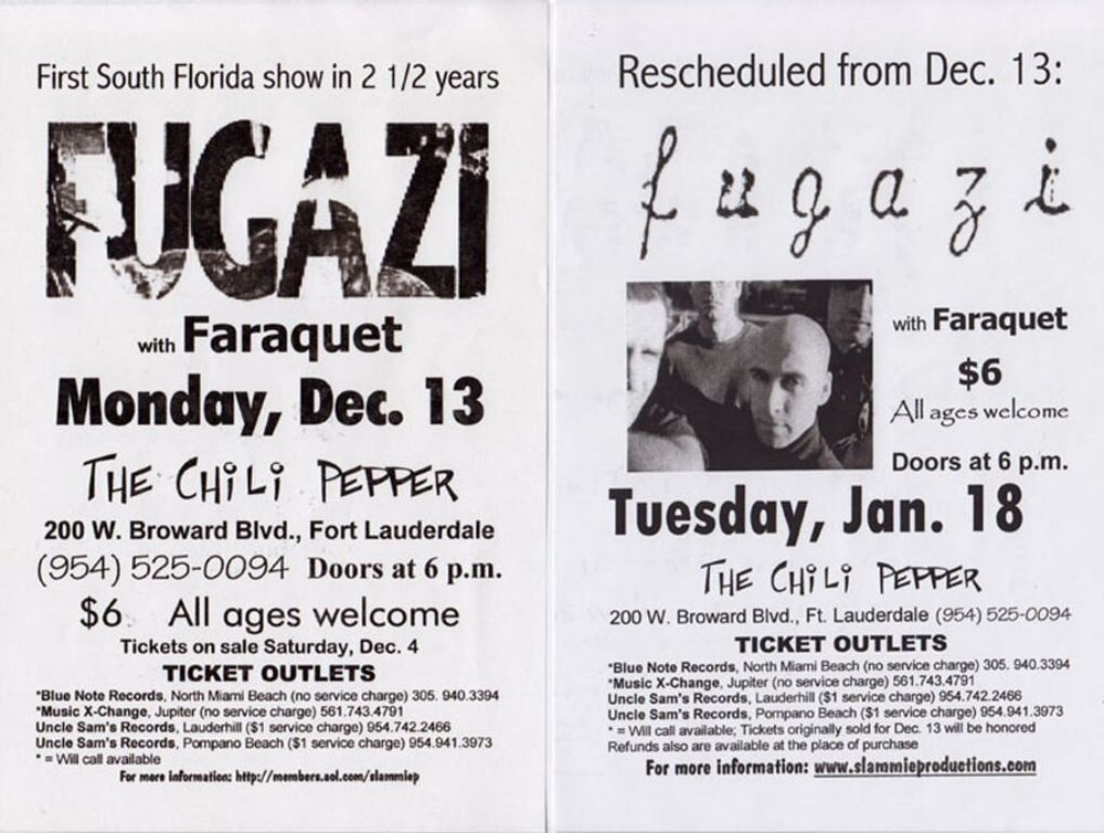 Fugazi at Chili Pepper in Fort Lauderdale, FL — January 18, 2000 concert flyer
