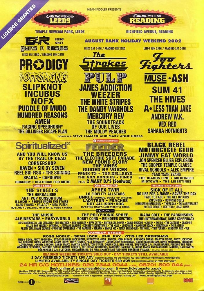 Guns N' Roses, The Strokes, Foo Fighters, and others at Temple Newsam — August 23, 2002 concert flyer