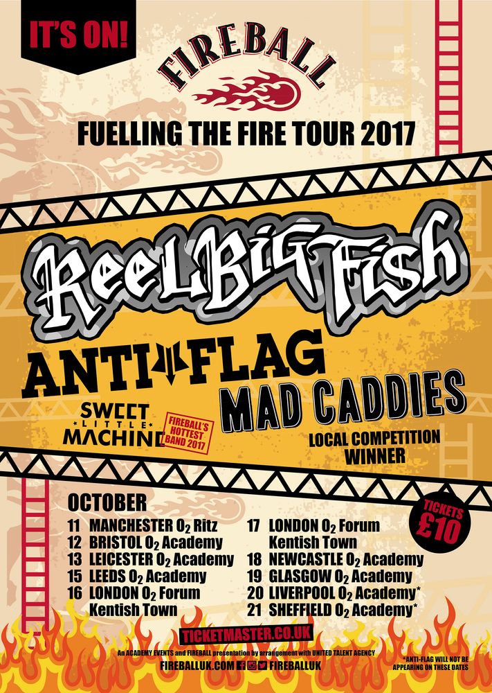 Reel Big Fish, Fireballs, Anti-Flag, and others at O2 Forum Kentish Town in Kentish Town, United Kingdom — October 16, 2017 concert flyer Reel Big Fish, Fireballs, Anti-Flag, and others at O2 Forum Kentish Town in Kentish Town, United Kingdom — October 16, 2017 concert flyer