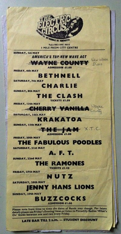 The Buzzcocks, Penetration, Warsaw, and others at Electric Circus in Manchester, England — May 29, 1977 concert flyer The Buzzcocks, Penetration, Warsaw, and others at Electric Circus in Manchester, England — May 29, 1977 concert flyer