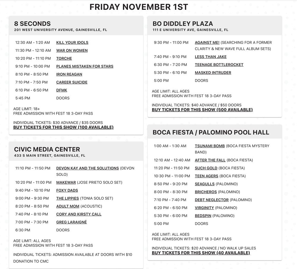 Against Me!, Less Than Jake, Teenage Bottlerocket, and others at Bo Diddley Plaza — November 1, 2019 concert flyer