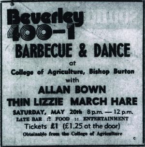 Thin Lizzy at College of Agriculture in Bishop Burton, England — May 20, 1972 concert flyer Thin Lizzy at College of Agriculture in Bishop Burton, England — May 20, 1972 concert flyer