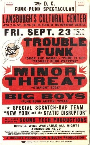 Trouble Funk, Minor Threat, Big Boys, and others at Lansburgh Cultural Center in Washington, DC — September 23, 1983 concert flyer