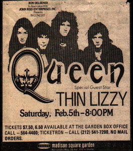 Thin Lizzy, Queen at Madison Square Garden in New York (NYC), NY — February 5, 1977 concert flyer Thin Lizzy, Queen at Madison Square Garden in New York (NYC), NY — February 5, 1977 concert flyer