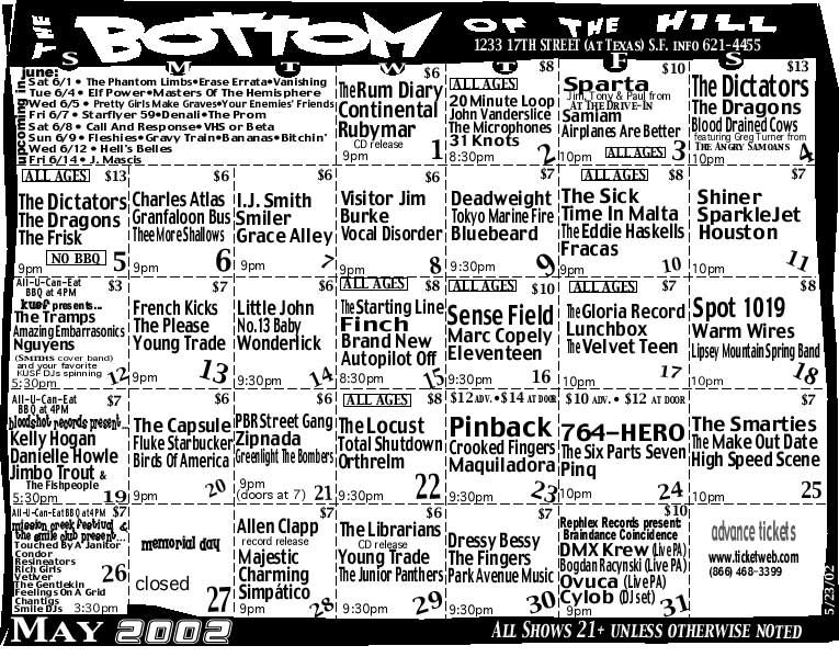 Sparta at Bottom of the Hill — May 3, 2002 concert flyer