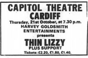 Thin Lizzy, Clover at Capitol Theatre in Cardiff, Wales — October 21, 1976 concert flyer