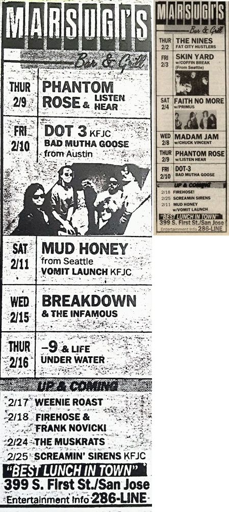 Mudhoney, Nirvana, Vomit Launch at Marsugi's — February 11, 1989 concert flyer