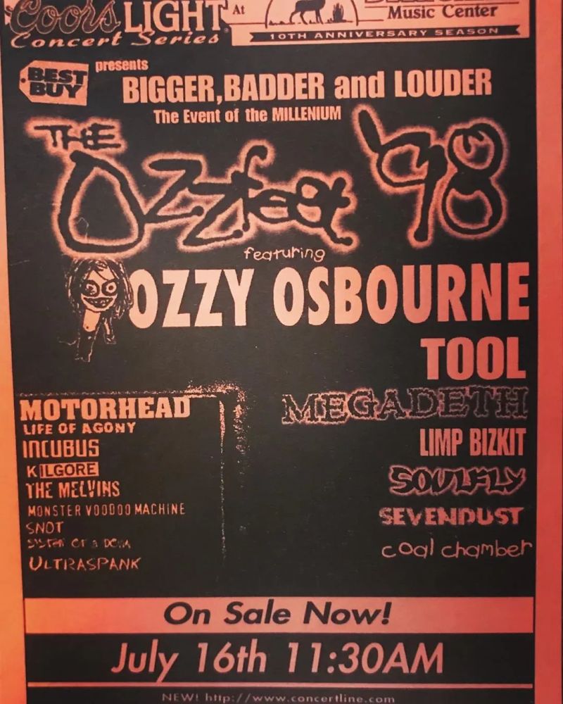 The Melvins, Ozzy Osbourne, Tool, and others at Verizon Wireless Music Center in Noblesville, IN — July 16, 1998 concert flyer The Melvins, Ozzy Osbourne, Tool, and others at Verizon Wireless Music Center in Noblesville, IN — July 16, 1998 concert flyer