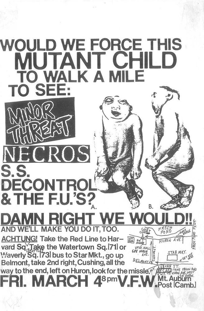 Minor Threat, Necros, SS Decontrol, and others at VFW Mount Auburn Post 8818 in Cambridge, MA — March 4, 1983 concert flyer