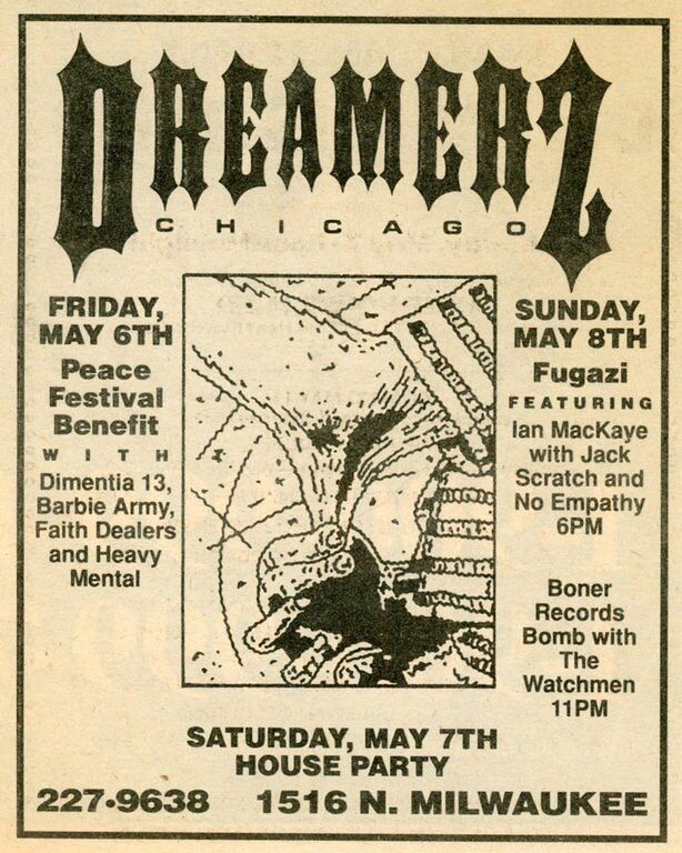 Fugazi at Club Dreamerz in Chicago, IL — May 8, 1988 concert flyer