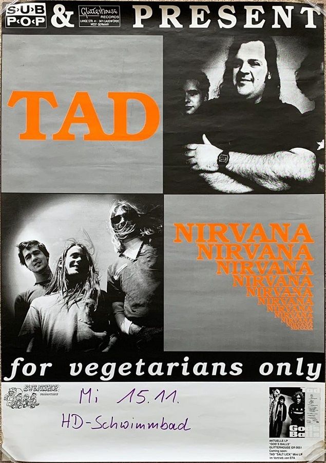 Tad, Nirvana at Schwimmbad in Heidelberg, Germany — November 15, 1989 concert flyer