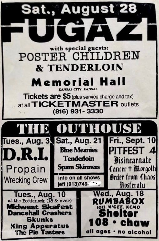 Fugazi, Poster Children, Tenderloin at Memorial Hall in Kansas City, KS — August 28, 1993 concert flyer