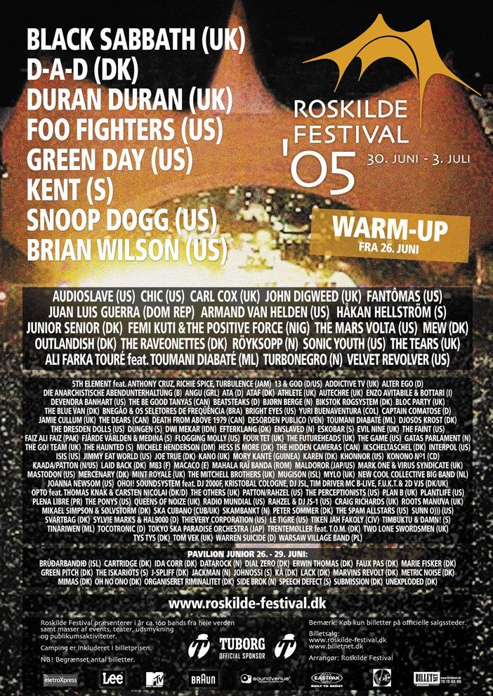 Mastodon, Flogging Molly, Turbonegro, and others at Dyrskuepladsen in Roskilde, Denmark — June 30, 2005 concert flyer