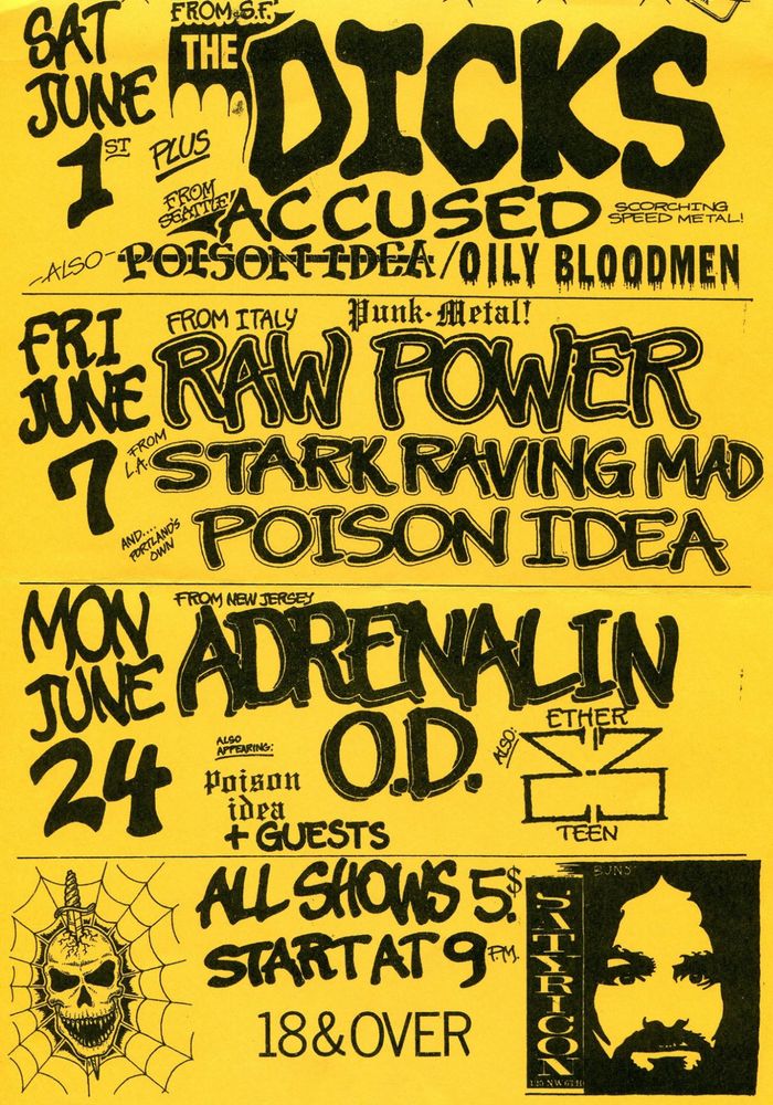 The Accused, The Dicks, Poison Idea, and others at Satyricon in Portland, OR — June 1, 1985 concert flyer