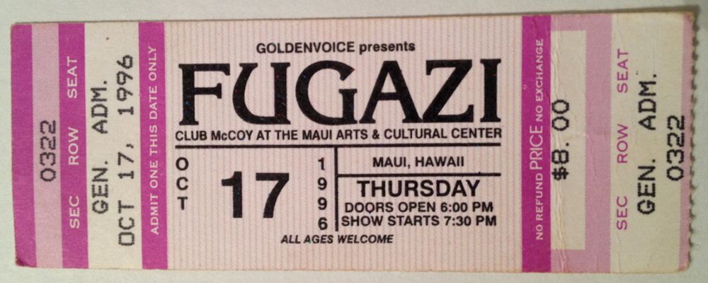 Fugazi at Maui Arts & Cultural Center in Kahului, HI — October 17, 1996 concert flyer