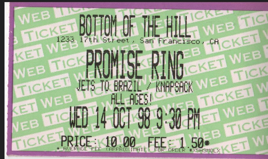 Jets To Brazil, The Promise Ring, Knapsack at Bottom of the Hill in San Francisco, CA — October 14, 1998 concert flyer