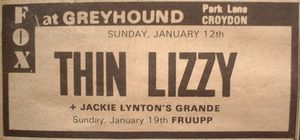 Thin Lizzy at Greyhound Hotel in Croydon, England — January 12, 1975 concert flyer