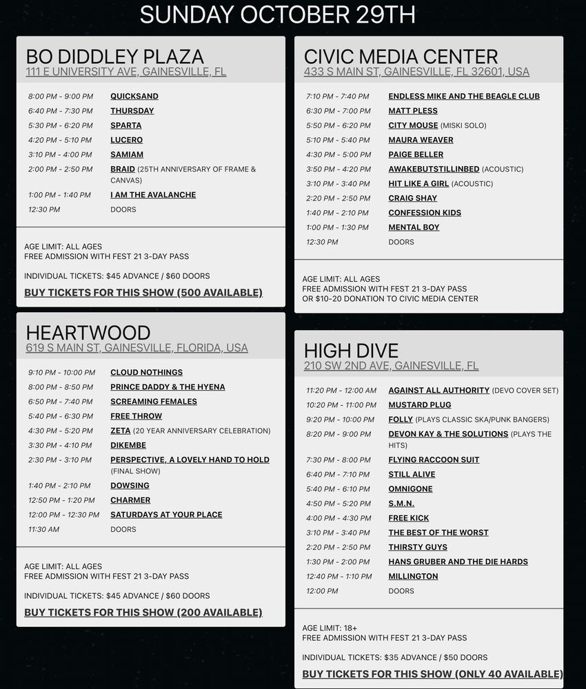Quicksand, Thursday, Sparta, and others at Bo Diddley Plaza in Gainesville, FL — October 29, 2023 concert flyer