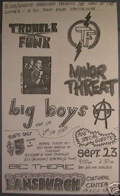 Trouble Funk, Minor Threat, Big Boys, and others at Lansburgh Cultural Center — September 23, 1983 concert flyer