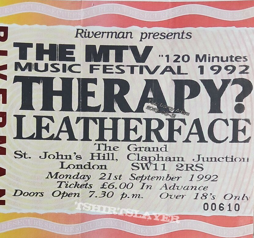 Therapy?, Leatherface, Hair And Skin Trading Company at Clapham Grand — September 21, 1992 concert flyer