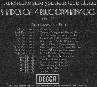Thin Lizzy at University of Strathclyde Student Union in Glasgow, Scotland — February 3, 1973 concert flyer