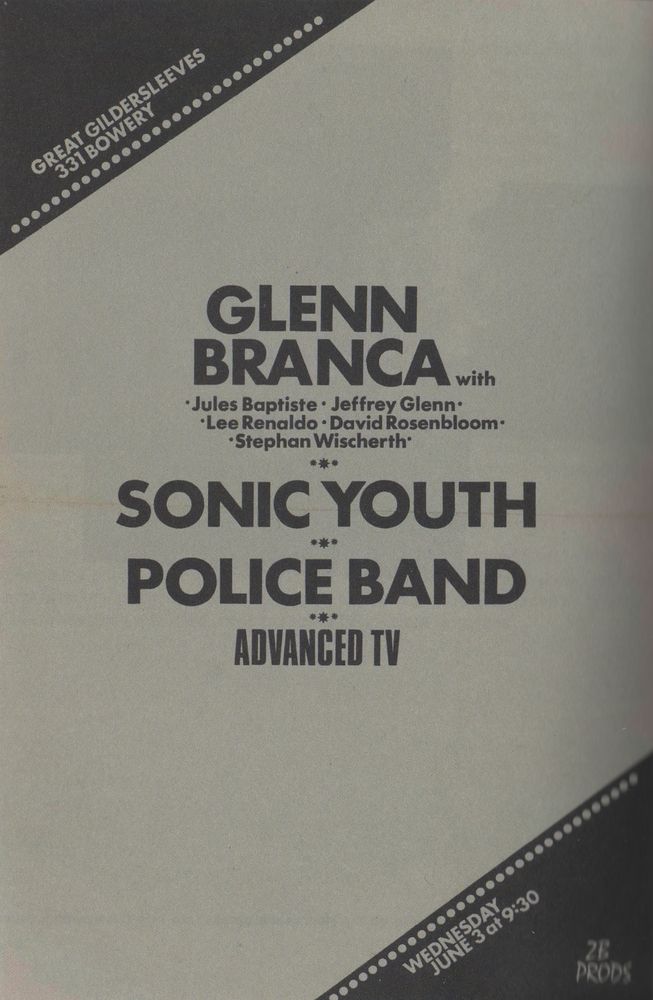 Sonic Youth, Glenn Branca at Great Gildersleeves in New York, NY — June 3, 1981 concert flyer