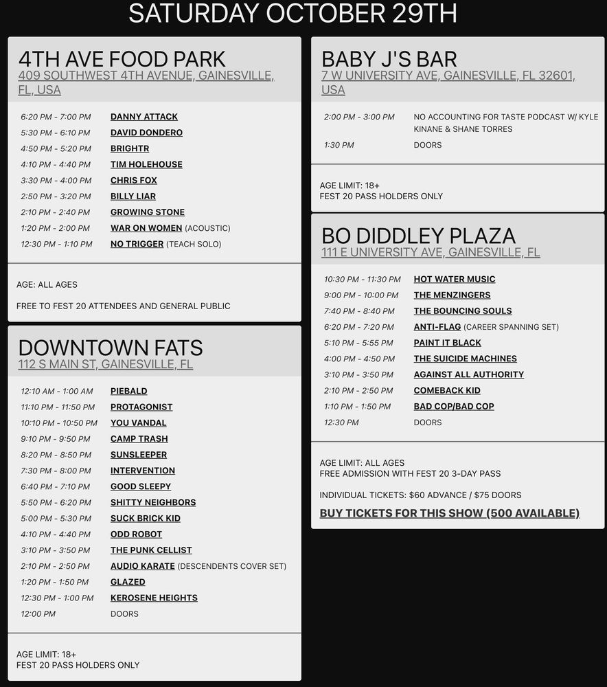 Hot Water Music, The Menzingers, The Bouncing Souls, and others at Bo Diddley Plaza in Gainesville, FL — October 29, 2022 concert flyer
