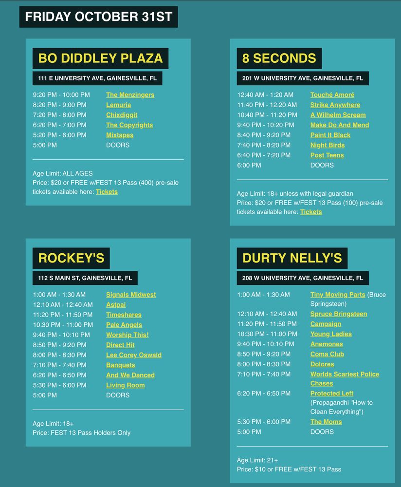 The Menzingers, Lemuria, Chixdiggit, and others at Bo Diddley Plaza in Gainesville, FL — October 31, 2014 concert flyer
