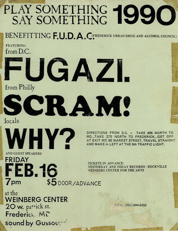 Fugazi at Weinburg Center in Frederick, MD — February 16, 1990 concert flyer