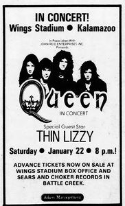 Thin Lizzy, Queen at Wings Stadium — January 22, 1977 concert flyer