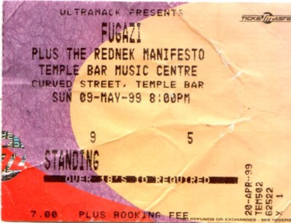 Fugazi, The Redneck Manifesto at Temple Bar Music Centre in Dublin, Ireland — May 9, 1999 concert flyer
