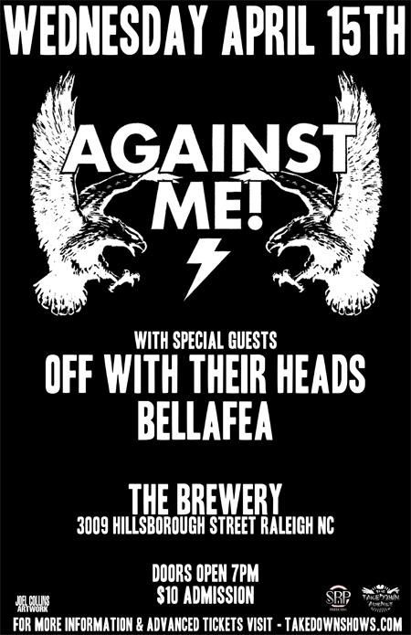 Against Me!, Off With Their Heads, Bellafea at The Brewery in Raleigh, NC — April 15, 2009 concert flyer