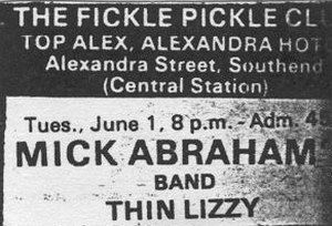 Thin Lizzy, Mick Abrahams Band at Fickle Pickle Club in Southend, United Kingdom — June 1, 1971 concert flyer Thin Lizzy, Mick Abrahams Band at Fickle Pickle Club in Southend, United Kingdom — June 1, 1971 concert flyer